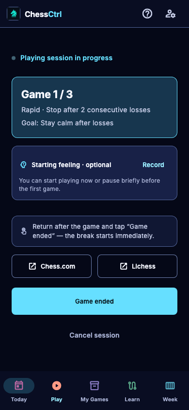 ChessCtrl development view: a three-game session, a personal goal and a break after the game.